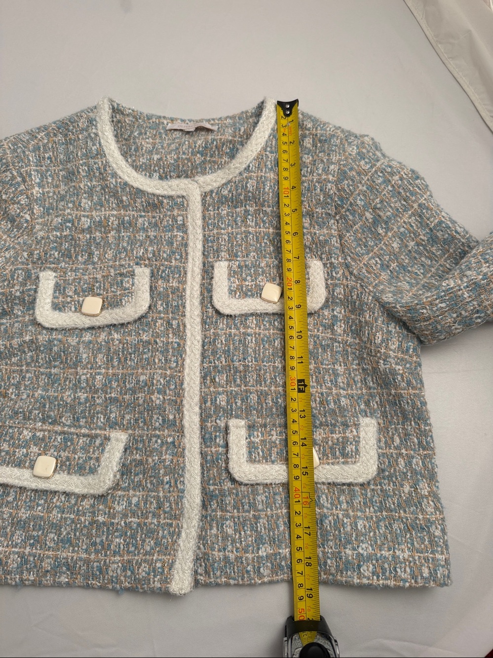 Olivaceous light blue multicolor tweed satin lined boxy blazer - Picture 6 of 9